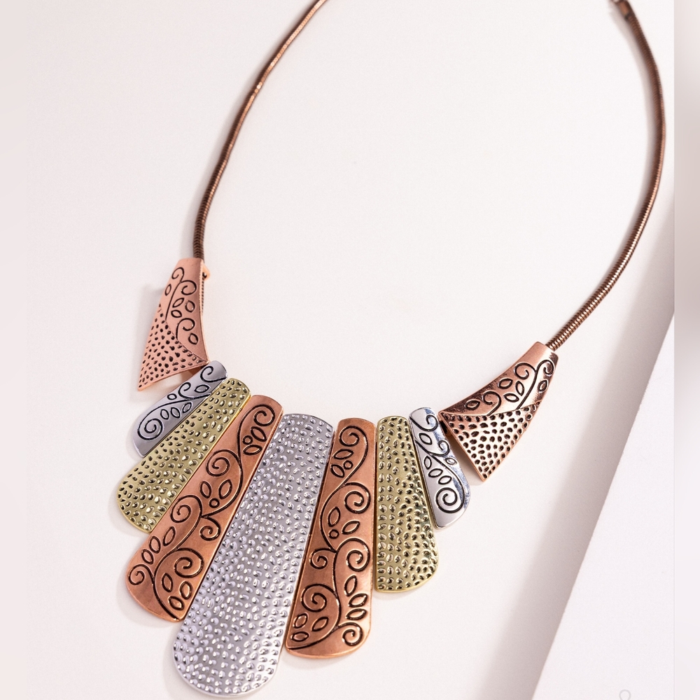 Tri-Tone Textured Fan Necklace - Copper, Silver & Gold Accents